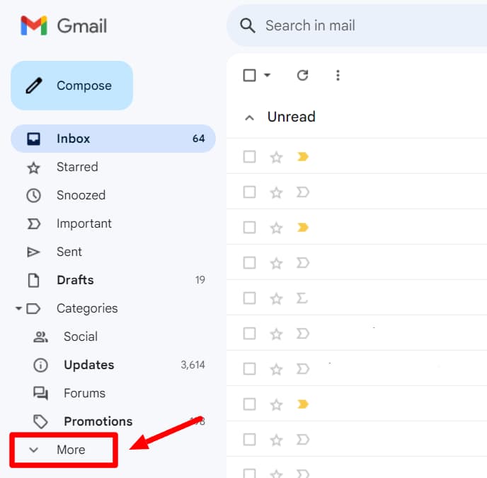 Gmail inbox with More highlighted in the left sidebar.