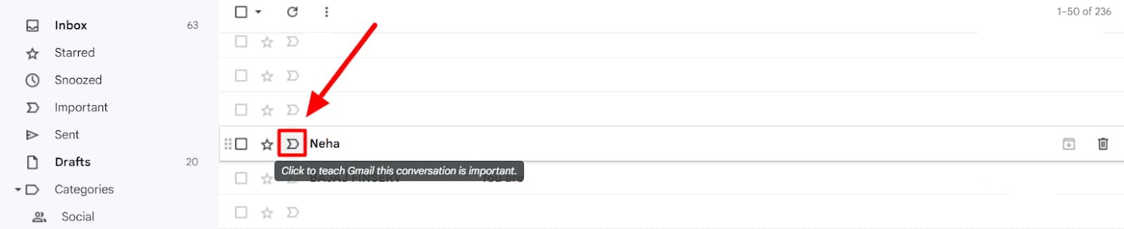 Gmail message importance marker highlighted beside the sender.