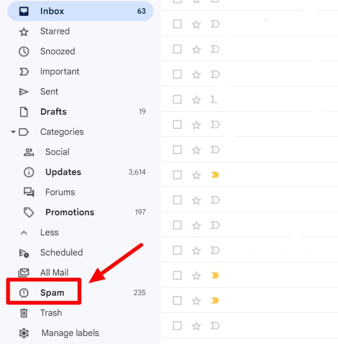 Gmail sidebar with the Spam folder highlighted.