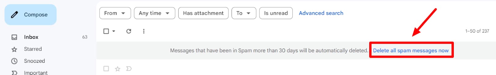 Gmail Spam folder with Delete all spam messages now highlighted.