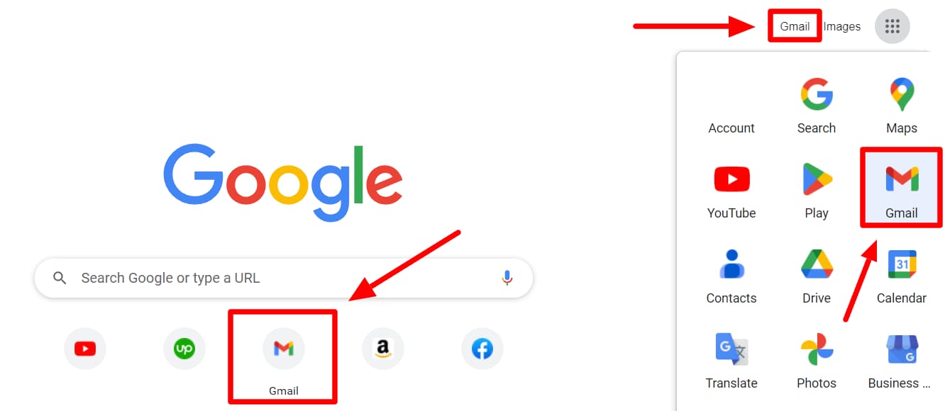 Google homepage with the Gmail link, Gmail shortcut, and Google apps launcher highlighted.