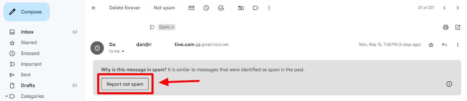 Spam message with the Report not spam button highlighted.