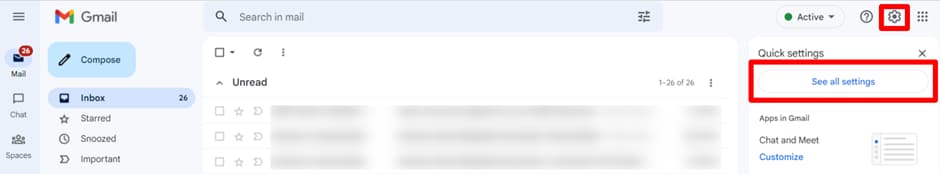 Gmail settings gear and See all settings button highlighted.