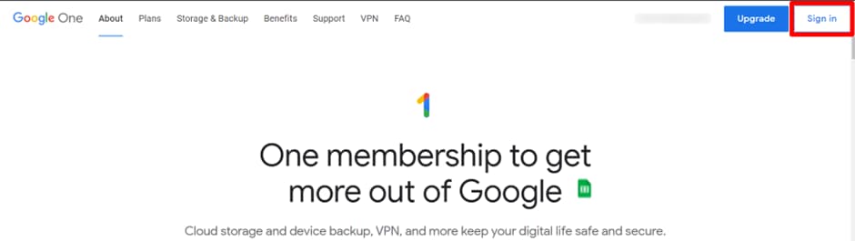 Google One homepage with Sign in highlighted.