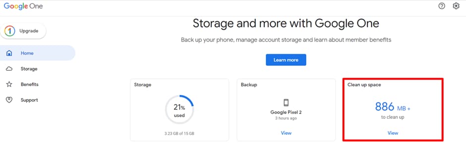 Google One overview with the Clean up space card highlighted.