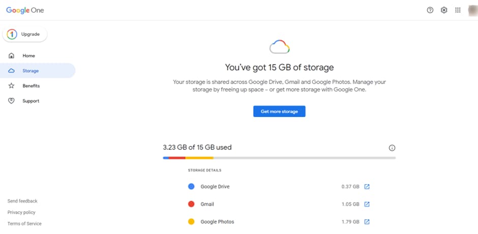 Google One storage breakdown for Drive, Gmail and Photos.