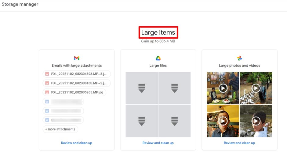 Google One Storage manager showing large attachments, files, photos and videos.