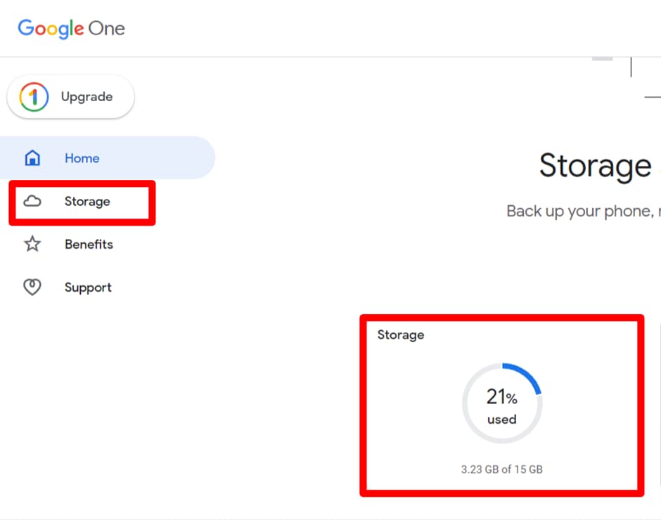 Google One Storage page showing 21 percent of storage used.