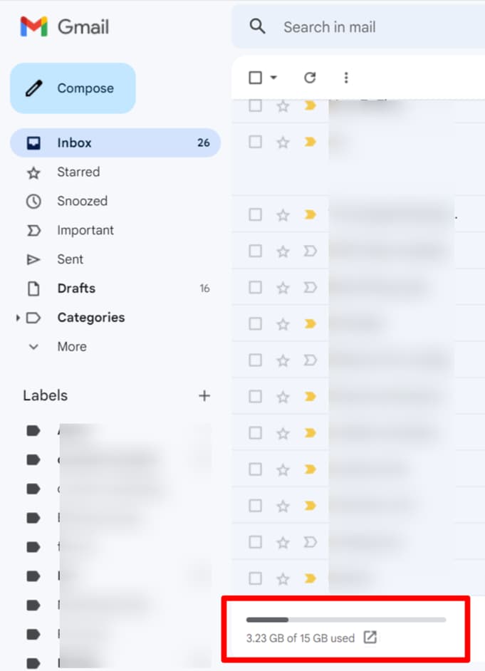 Storage-used indicator highlighted below the Gmail message list.