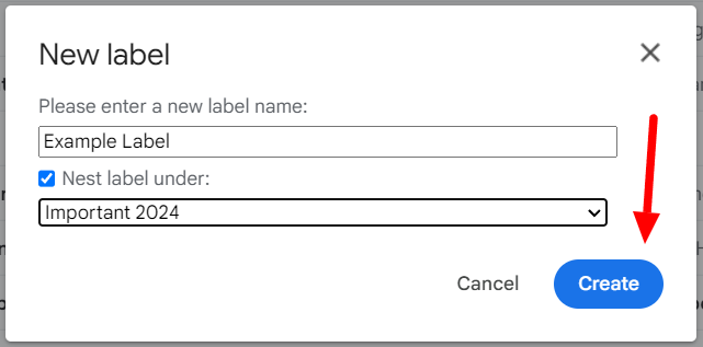 Gmail label named Example Label nested under Important 2024.
