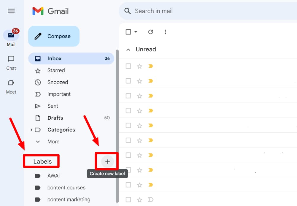 Gmail Labels section with the Create new label button highlighted.