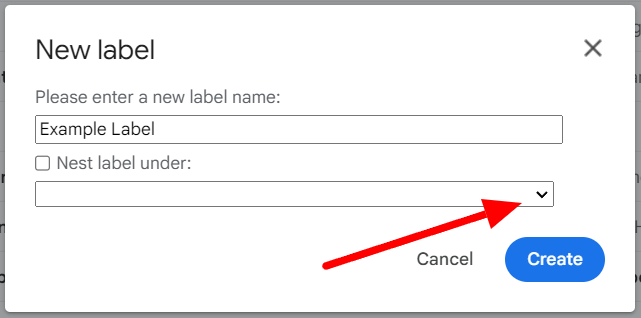 Gmail New label dialog showing the Nest label under menu.
