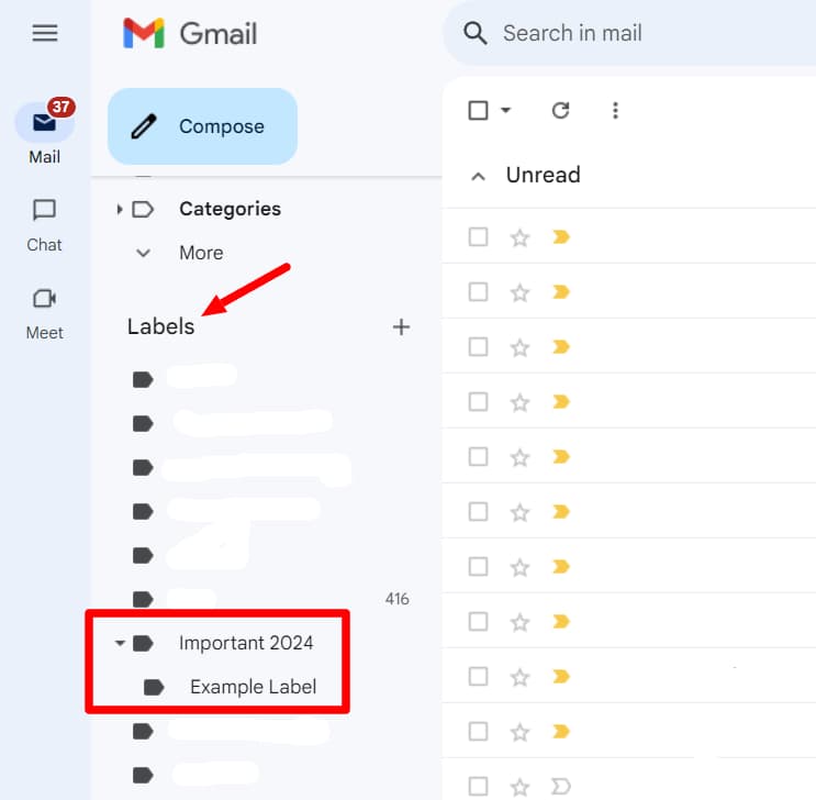 Gmail sidebar showing Example Label beneath Important 2024.