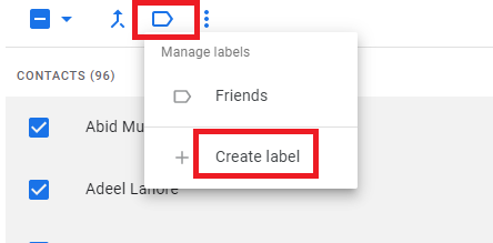 Google Contacts Manage labels menu with Create label highlighted.