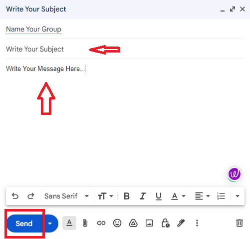 Group email draft with subject, message and Send button highlighted.