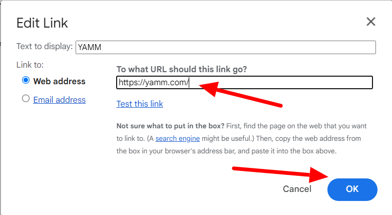 Edit Link dialog connecting the text YAMM to its website, with OK indicated.