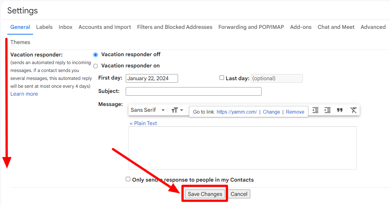 Gmail General settings with Save Changes highlighted at the bottom.