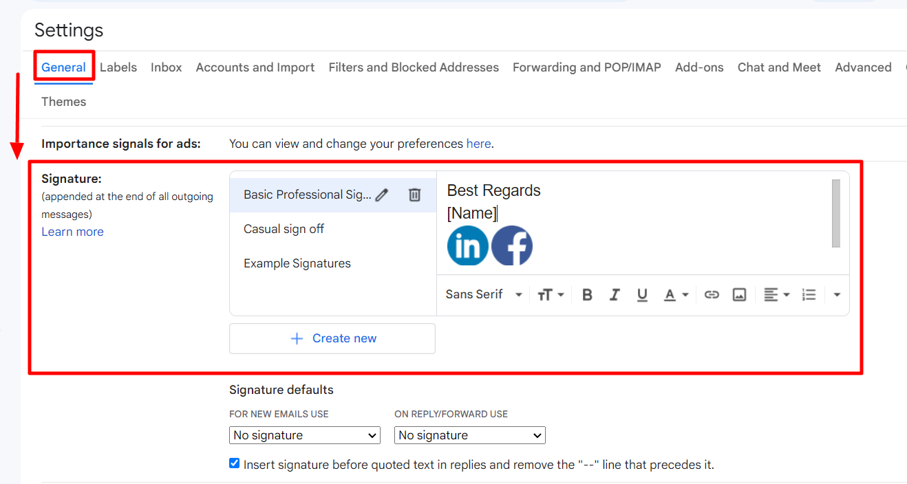 Gmail General settings with the Signature editor highlighted.