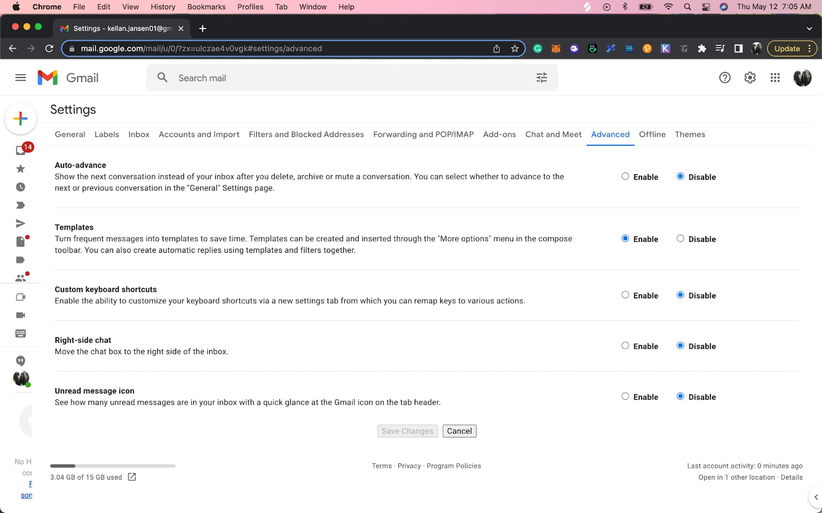 Gmail Advanced settings with Templates enabled