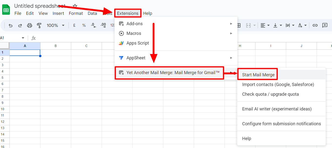 Google Sheets Extensions menu with YAMM Start Mail Merge indicated.