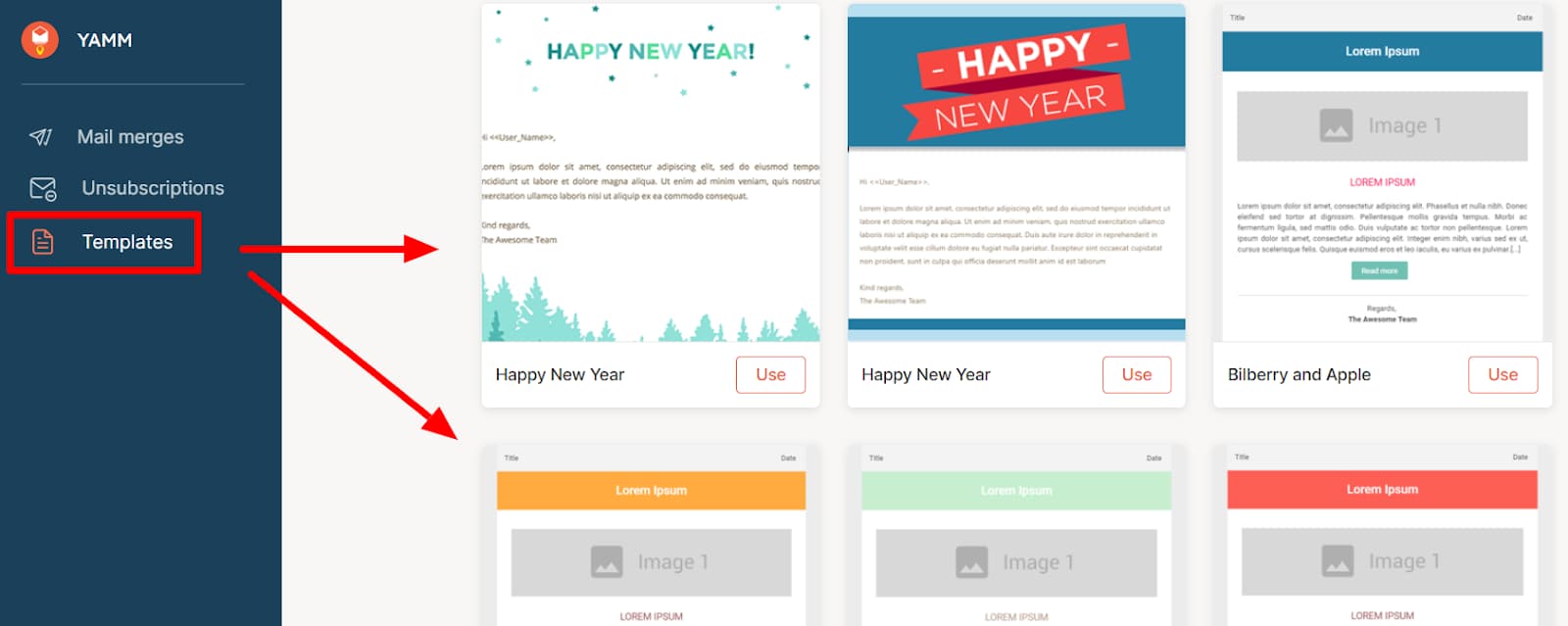 YAMM dashboard template gallery with the Templates navigation item highlighted.