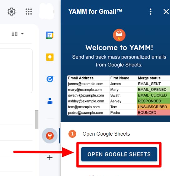 YAMM for Gmail welcome sidebar with Open Google Sheets highlighted.