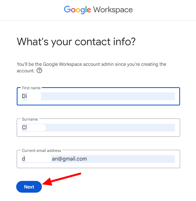 Google Workspace contact-information form with name and current email fields.