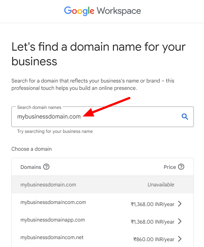 Google Workspace domain search showing available alternatives and yearly prices.
