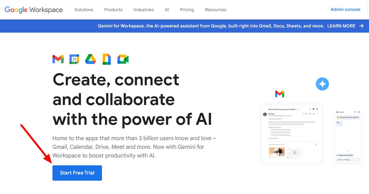 Google Workspace homepage with Start Free Trial indicated.