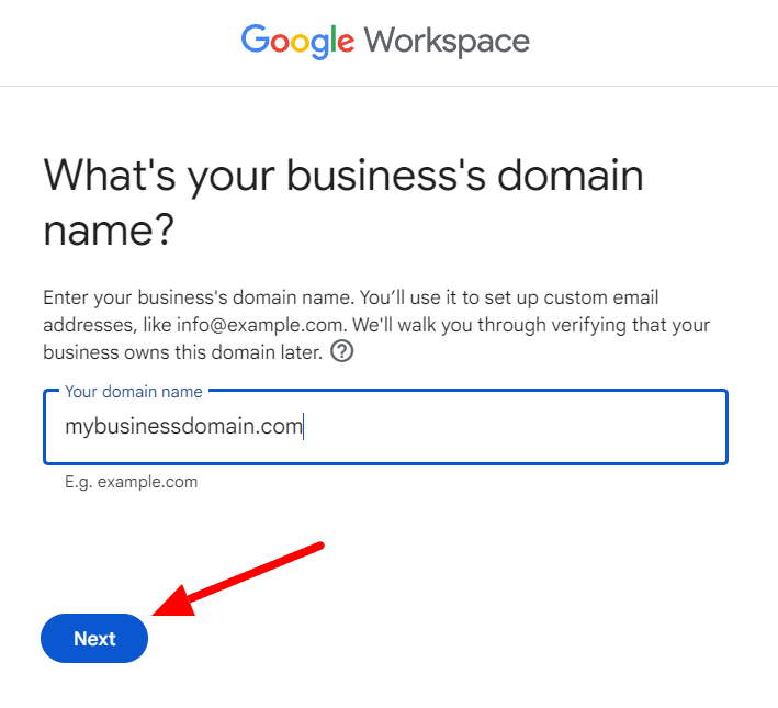 Google Workspace setup with a business domain entered and Next indicated.