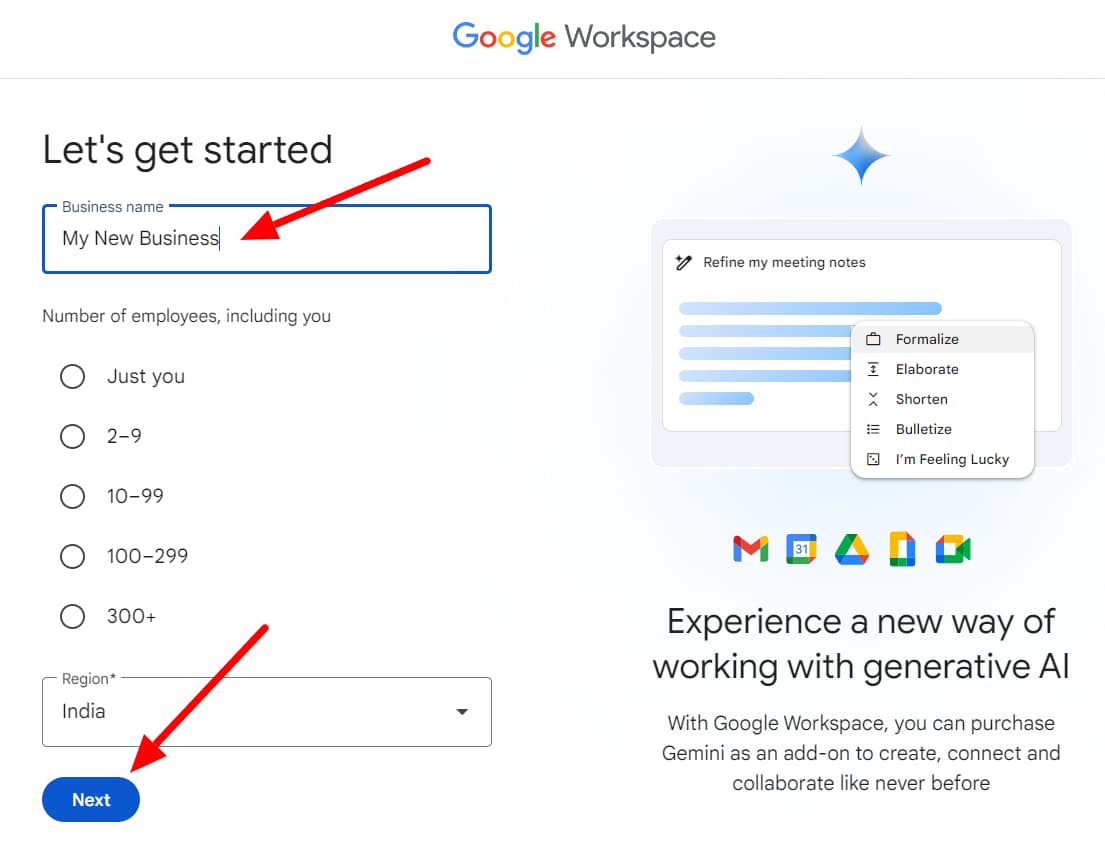 Google Workspace signup form requesting a business name, employee count, and region.