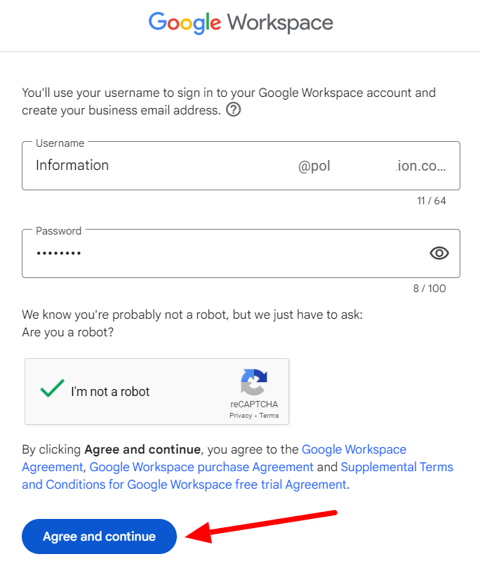 Google Workspace signup with username, password, reCAPTCHA, and Agree and continue.