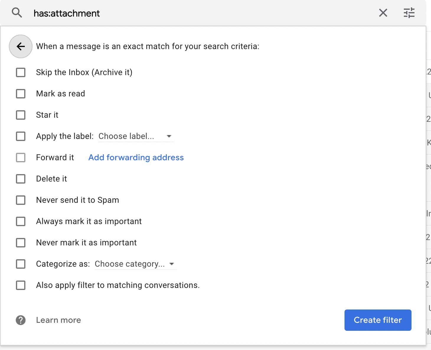 Gmail filter-action dialog for messages with attachments.