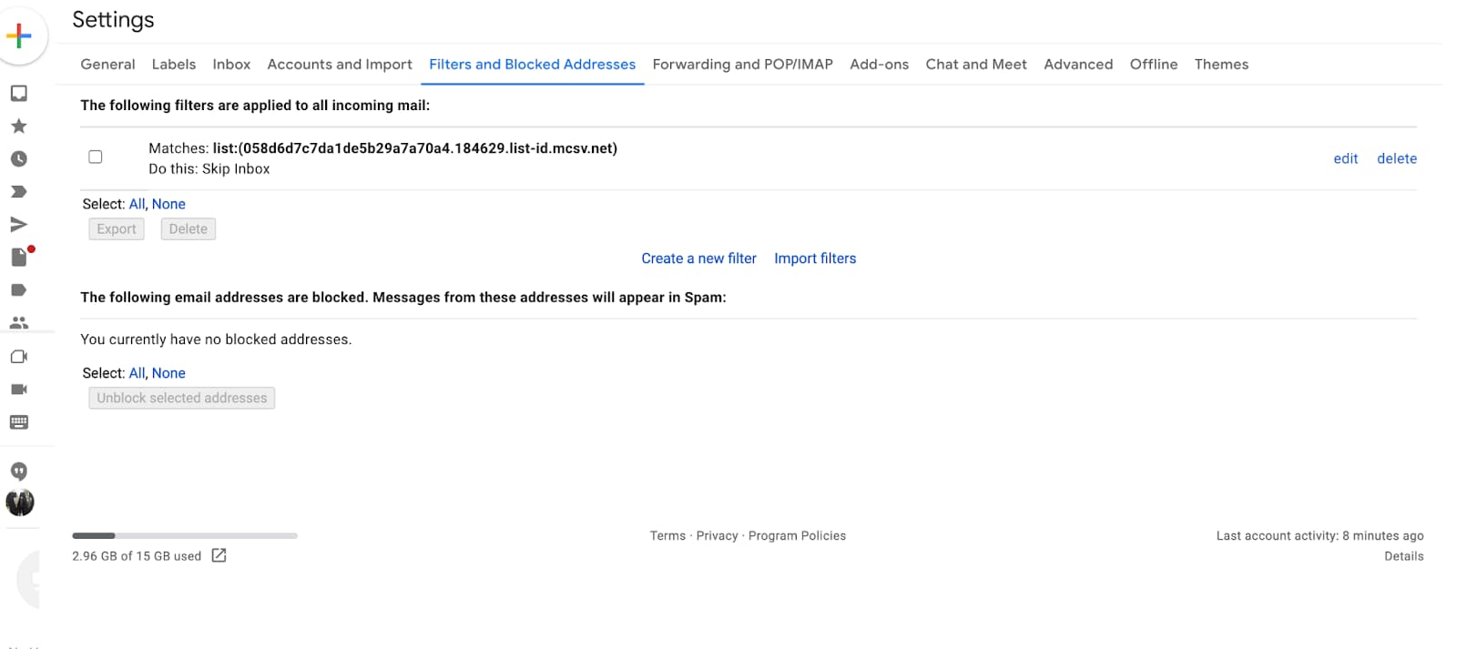 Gmail Filters and Blocked Addresses settings listing a filter that skips the inbox.