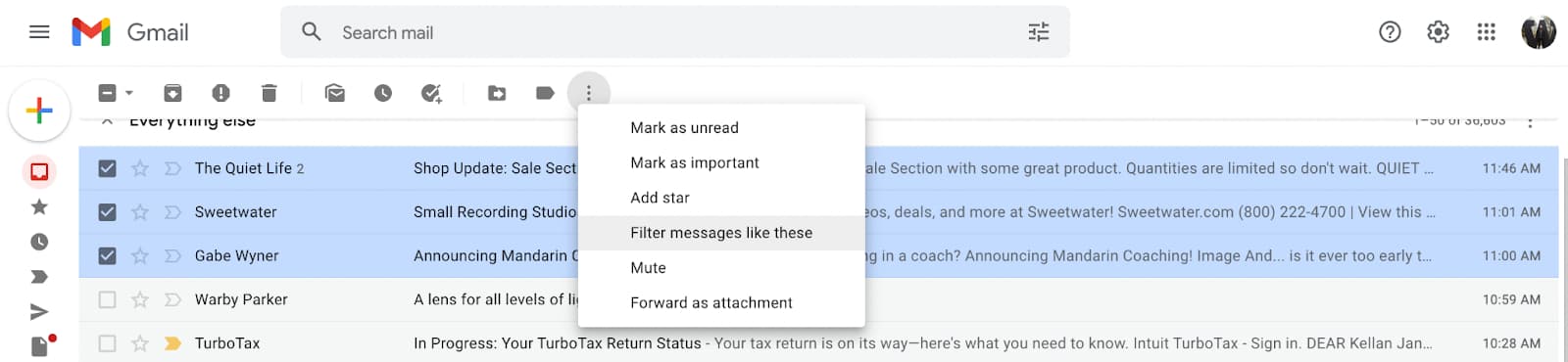 Gmail inbox with messages selected and Filter messages like these in the More menu.