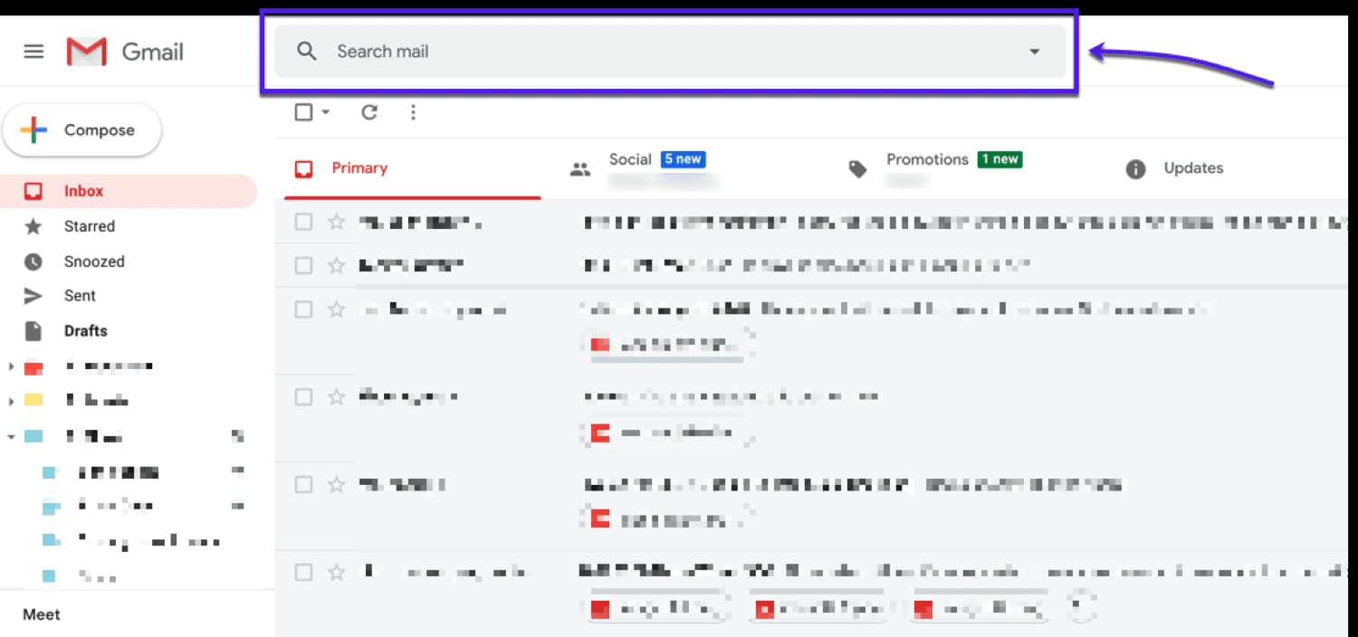 Gmail inbox with the search bar highlighted.