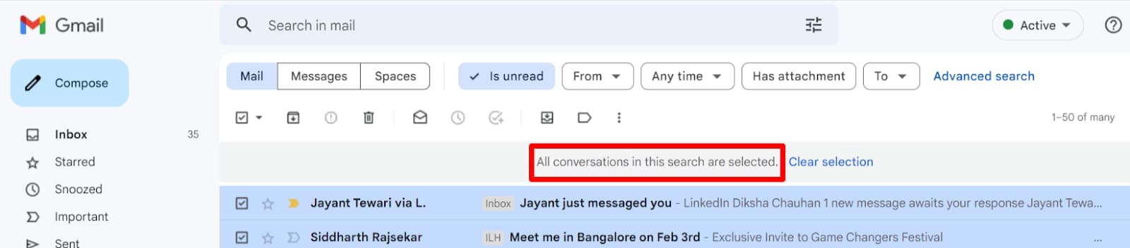 Gmail confirms all conversations in the search are selected.