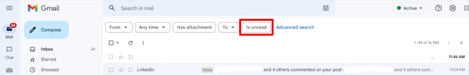 Gmail message filter with Is unread highlighted.