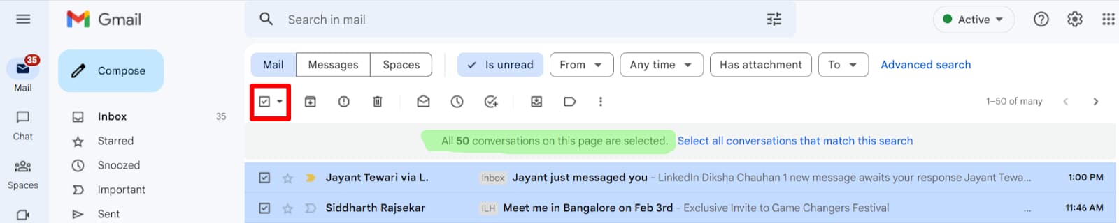 Gmail unread-message results with the select-all checkbox highlighted.