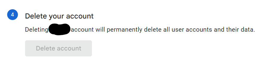 Google Admin account-deletion section explaining permanent data deletion.
