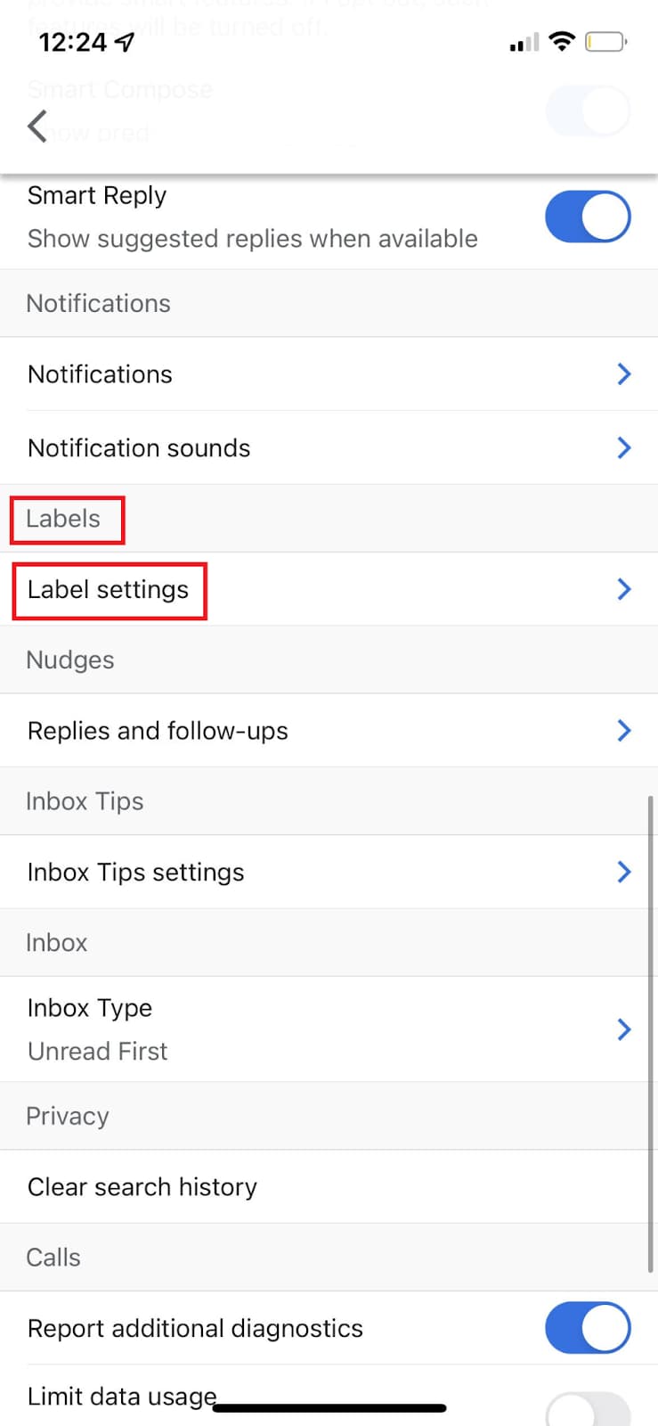 Gmail account settings with Label settings highlighted.