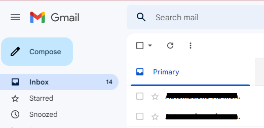Gmail inbox showing the Primary tab and message list.