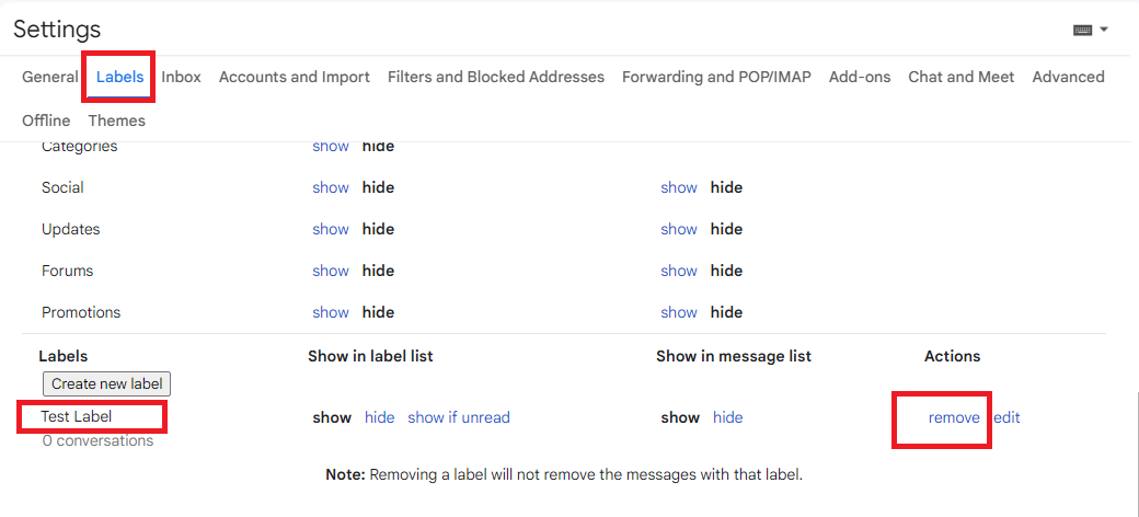 Gmail Labels settings with Test Label and its remove link highlighted.