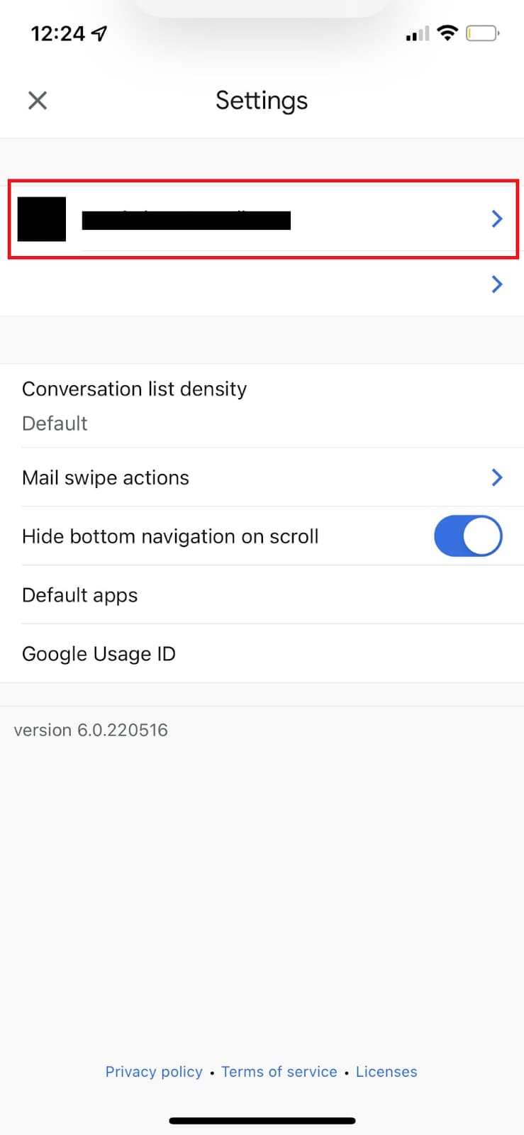 Gmail mobile settings with an account row highlighted.
