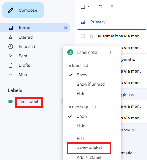 Gmail sidebar label menu with Remove label highlighted.