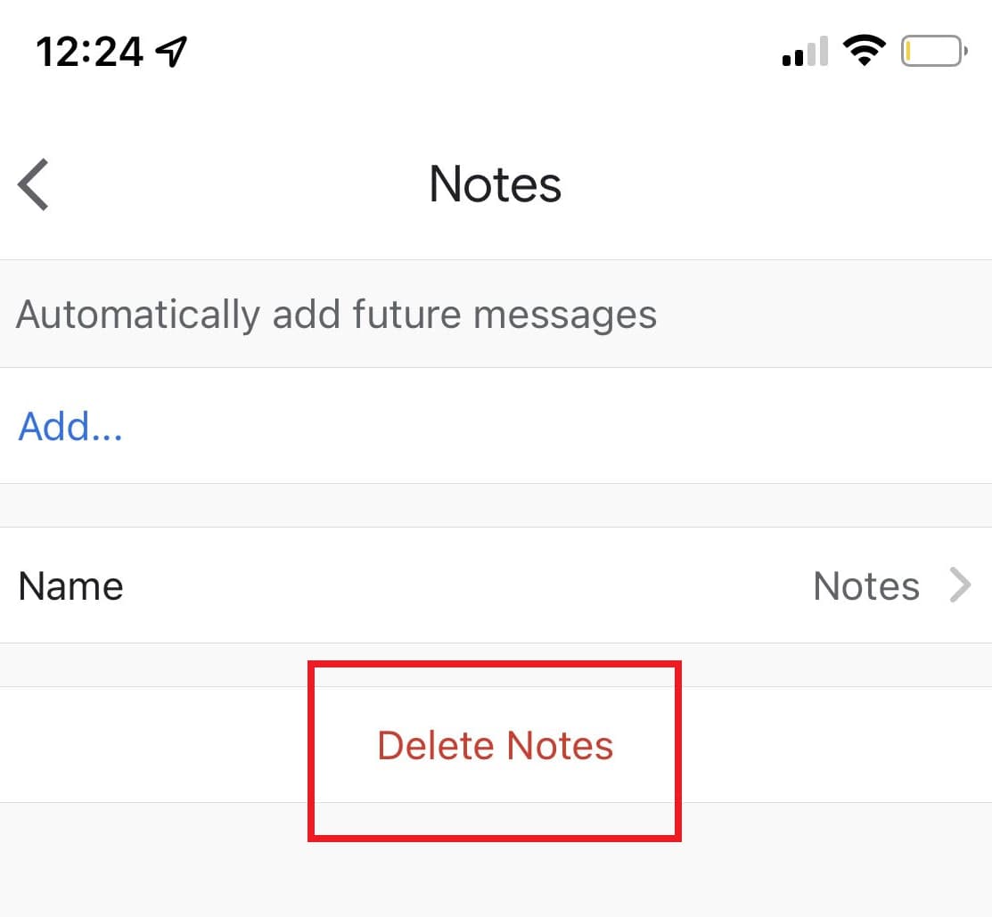Settings for the Notes label with Delete Notes highlighted.