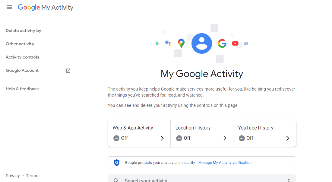 Google My Activity page with activity controls.