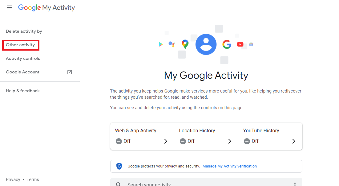 Google My Activity sidebar with Other activity highlighted.