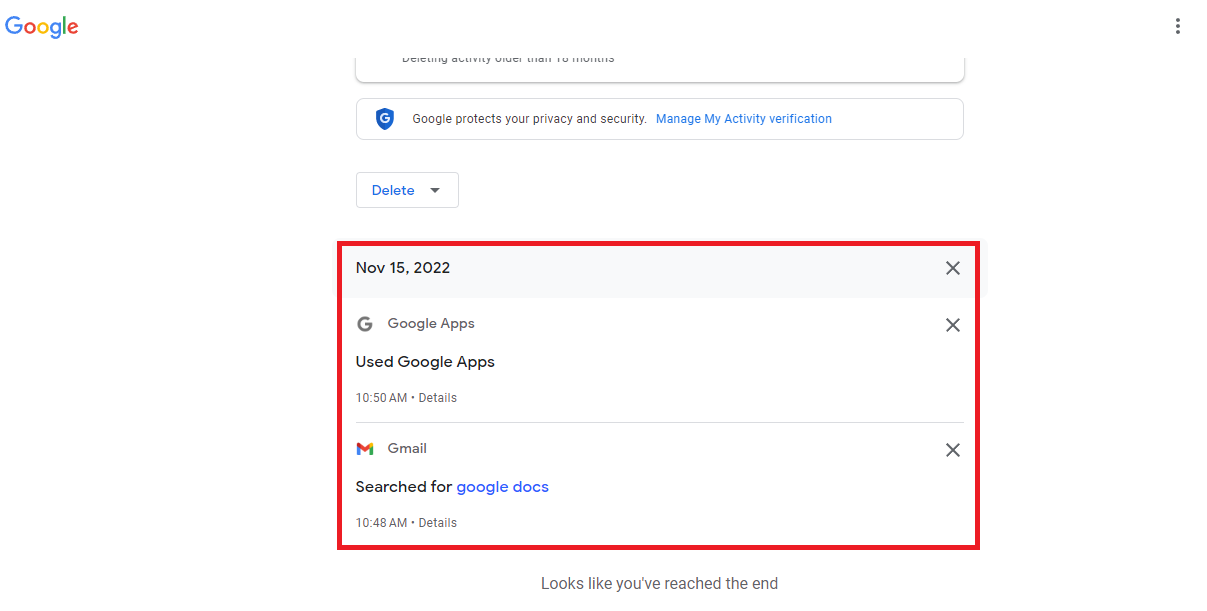 Google Workspace search-history entries with individual remove controls.