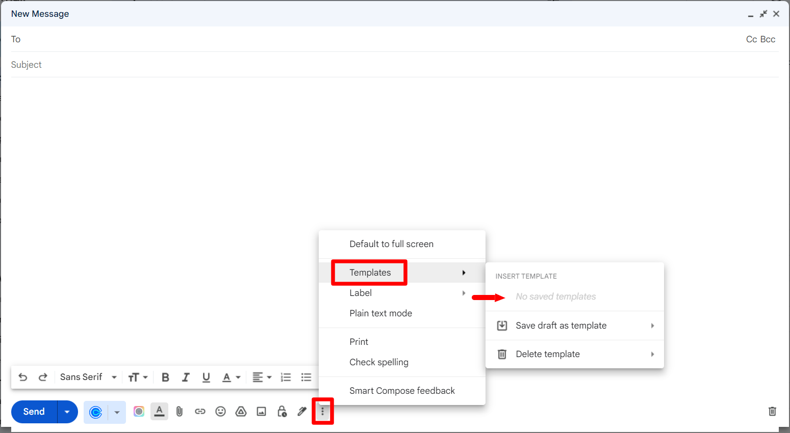 Gmail Templates submenu showing no saved templates